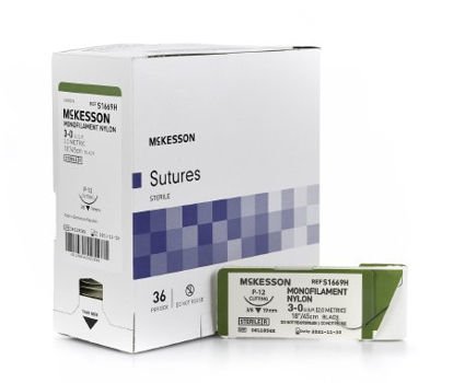 Picture of Suture with Needle McKesson Nonabsorbable Uncoated Black Suture Monofilament Nylon Size 3 - 0 18 Inch Suture 1-Needle 19 mm Length 3/8 Circle Reverse Cutting NeedleS1669H