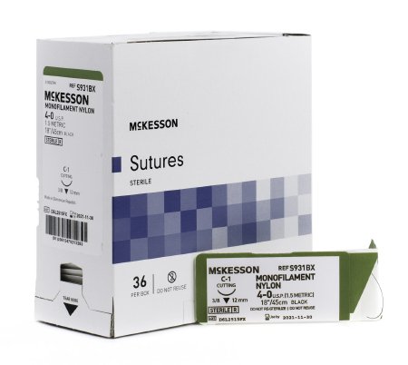 Picture of Suture with Needle McKesson Nonabsorbable Uncoated Black Suture Monofilament Nylon Size 4 - 0 18 Inch Suture 1-Needle 12 mm Length 3/8 Circle Reverse Cutting NeedleS931BX