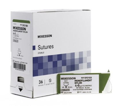 Picture of Suture with Needle McKesson Nonabsorbable Uncoated Black Suture Monofilament Nylon Size 4 - 0 18 Inch Suture 1-Needle 12 mm Length 3/8 Circle Reverse Cutting NeedleS931BX