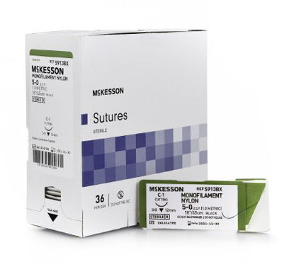 Picture of Suture with Needle McKesson Nonabsorbable Uncoated Black Suture Monofilament Nylon Size 5 - 0 18 Inch Suture 1-Needle 12 mm Length 3/8 Circle Reverse Cutting NeedleS913BX