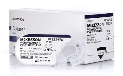 Picture of Suture with Needle McKesson Nonabsorbable Uncoated Blue Suture Monofilament Polypropylene Suture Size 6 - 0 18 Inch Suture 1-Needle 11 mm Length 3/8 Circle Reverse Cutting NeedleS8697G