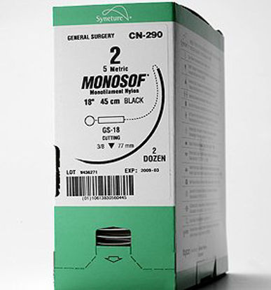 Picture of Suture with Needle Monosof™~Dermalon™ Nonabsorbable Uncoated Black Suture Monofilament Nylon Size 3 - 0 18 Inch Suture 1-Needle 24 mm Length 3/8 Circle Reverse Cutting NeedleSN-663G