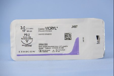 Picture of Suture with Needle Coated Vicryl™ Absorbable Coated Undyed Suture Braided Polyglactin 910 Size 3 - 0 18 Inch Suture 1-Needle 19 mm Length 3/8 Circle Precision Point - Reverse Cutting NeedleJ497G