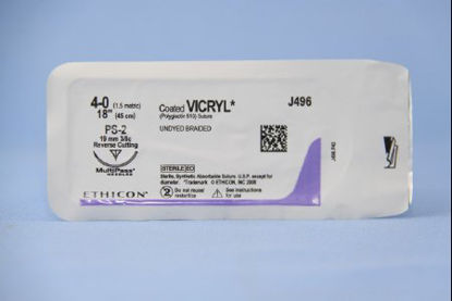 Picture of Suture with Needle Coated Vicryl™ Absorbable Coated Undyed Suture Braided Polyglactin 910 Size 4 - 0 18 Inch Suture 1-Needle 19 mm Length 3/8 Circle Precision Point - Reverse Cutting NeedleJ496G