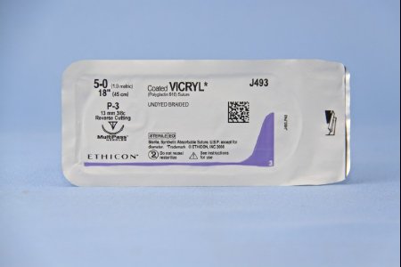 Picture of Suture with Needle Coated Vicryl™ Absorbable Coated Undyed Suture Braided Polyglactin 910 Size 5 - 0 18 Inch Suture 1-Needle 13 mm Length 3/8 Circle Reverse Cutting NeedleJ493G