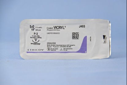 Picture of Suture with Needle Coated Vicryl™ Absorbable Coated Undyed Suture Braided Polyglactin 910 Size 5 - 0 18 Inch Suture 1-Needle 13 mm Length 3/8 Circle Reverse Cutting NeedleJ493G