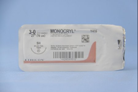 Picture of Suture with Needle Monocryl™ Absorbable Uncoated Undyed Suture Monofilament Poliglecaprone Size 3 - 0 27 Inch Suture 1-Needle 26 mm Length 1/2 Circle Taper Point NeedleY416H