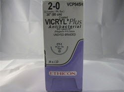 Picture of Antibacterial Suture with Needle Coated Vicryl™ Plus Absorbable Coated Undyed Suture Braided Polyglactin 910 with Irgacare MP Antibacterial Suture Size 2 - 0 36 Inch Suture 1-Needle 36 mm Length 1/2 Circle Taper Point NeedleVCP945H