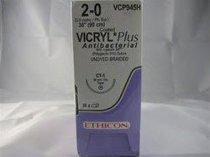 Picture of Antibacterial Suture with Needle Coated Vicryl™ Plus Absorbable Coated Undyed Suture Braided Polyglactin 910 with Irgacare MP Antibacterial Suture Size 2 - 0 36 Inch Suture 1-Needle 36 mm Length 1/2 Circle Taper Point NeedleVCP945H