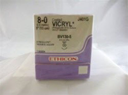 Picture of Suture with Needle Coated Vicryl™ Absorbable Coated Violet Suture Braided Polyglactin 910 Size 8 - 0 5 Inch Suture 1-Needle 6.5 mm Length 3/8 Circle Taper Point NeedleJ401G