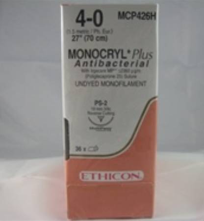 Picture of Antibacterial Suture with Needle Monocryl™ Plus Absorbable Uncoated Undyed Suture Poliglecaprone 25 with Irgacare MP Antibacterial Suture Size 4 - 0 27 Inch Suture 1-Needle 19 mm Length 3/8 Circle Precision Point - Reverse Cutting NeedleMCP426H