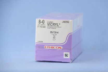 Picture of Suture with Needle Coated Vicryl™ Absorbable Coated Violet Suture Braided Polyglactin 910 Size 8 - 0 5 Inch Suture 1-Needle 5 mm Length 3/8 Circle Taper Point NeedleJ405G