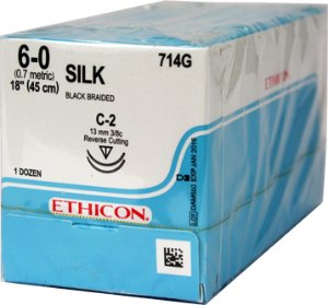 Picture of Suture with Needle Perma-Hand™ Nonabsorbable Coated Black Suture Braided Silk Size 6 - 0 18 Inch Suture Double-Armed 13 mm Length 3/8 Circle Reverse Cutting Needle714G
