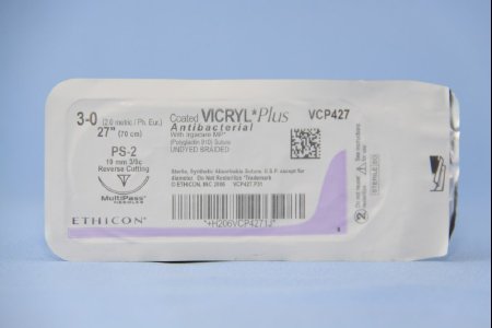 Picture of Antibacterial Suture with Needle Coated Vicryl™ Plus Absorbable Coated Undyed Suture Braided Polyglactin 910 with Irgacare MP Antibacterial Suture Size 3 - 0 27 Inch Suture 1-Needle 19 mm Length 3/8 Circle Precision Point - Reverse Cutting NeedleVCP427H