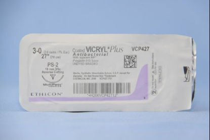 Picture of Antibacterial Suture with Needle Coated Vicryl™ Plus Absorbable Coated Undyed Suture Braided Polyglactin 910 with Irgacare MP Antibacterial Suture Size 3 - 0 27 Inch Suture 1-Needle 19 mm Length 3/8 Circle Precision Point - Reverse Cutting NeedleVCP427H