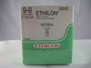 Picture of Suture with Needle Ethilon™ Nonabsorbable Uncoated Black Suture Monofilament Nylon Size 9 - 0 5 Inch Suture 1-Needle 5.1 mm Length 3/8 Circle Taper Point Needle2829G