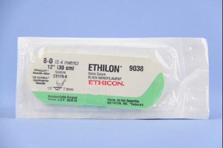 Picture of Suture with Needle Ethilon™ Nonabsorbable Uncoated Black Suture Monofilament Nylon Size 8 - 0 12 Inch Suture Double-Armed 7 mm Length 1/2 Circle Spatula Needle9038G