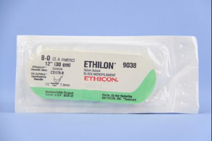 Picture of Suture with Needle Ethilon™ Nonabsorbable Uncoated Black Suture Monofilament Nylon Size 8 - 0 12 Inch Suture Double-Armed 7 mm Length 1/2 Circle Spatula Needle9038G