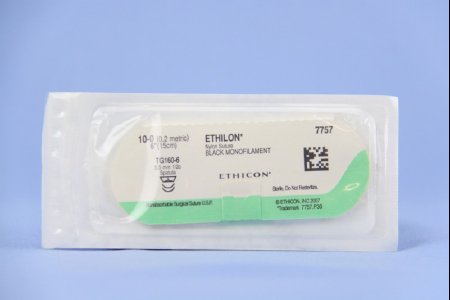 Picture of Suture with Needle Ethilon™ Nonabsorbable Uncoated Black Suture Monofilament Nylon Size 10 - 0 6 Inch Suture Double-Armed 5.5 mm Length 1/2 Circle Micropoint - Spatula Needle7757G