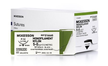 Picture of Suture with Needle McKesson Nonabsorbable Uncoated Black Suture Monofilament Nylon Size 5 - 0 18 Inch Suture 1-Needle 19 mm Length 3/8 Circle Reverse Cutting NeedleS1666G