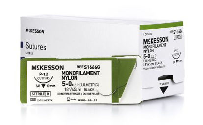 Picture of Suture with Needle McKesson Nonabsorbable Uncoated Black Suture Monofilament Nylon Size 5 - 0 18 Inch Suture 1-Needle 19 mm Length 3/8 Circle Reverse Cutting NeedleS1666G