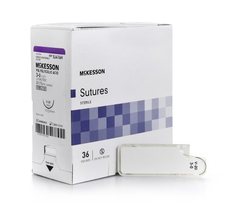 Picture of Suture with Needle McKesson Absorbable Uncoated Undyed Suture Braided Polyglycolic Acid Suture Size 3 - 0 30 Inch Suture 1-Needle 26 mm Length 1/2 Circle Taper Point NeedleSJ416H