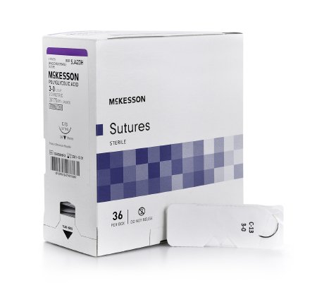 Picture of Suture with Needle McKesson Absorbable Uncoated Undyed Suture Braided Polyglycolic Acid Suture Size 3 - 0 30 Inch Suture 1-Needle 19 mm Length 3/8 Circle Reverse Cutting NeedleSJ423H