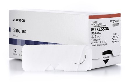 Picture of Suture with Needle McKesson Absorbable Uncoated Undyed Suture Monofilament Polyglycolic Acid / PCL Size 4 - 0 30 Inch Suture 1-Needle 19 mm Length 3/8 Circle Reverse Cutting NeedleSY426H