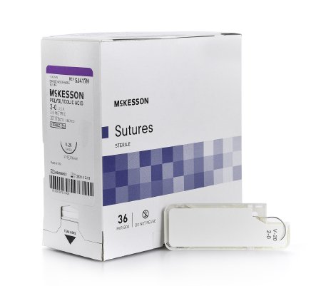 Picture of Suture with Needle McKesson Absorbable Uncoated Undyed Suture Braided Polyglycolic Acid Suture Size 2 - 0 30 Inch Suture 1-Needle 26 mm Length 1/2 Circle Taper Point NeedleSJ417H