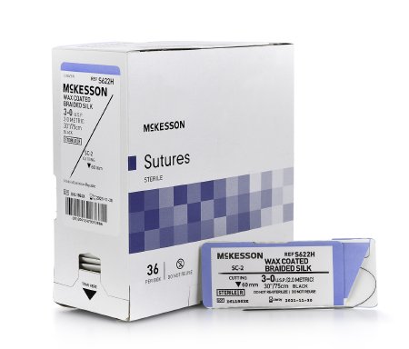 Picture of Suture with Needle McKesson Nonabsorbable Uncoated Black Suture Braided Silk Size 3 - 0 30 Inch Suture 1-Needle 60 mm Length Straight Conventional Cutting NeedleS622H