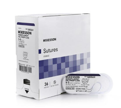 Picture of Suture with Needle McKesson Nonabsorbable Uncoated Blue Suture Monofilament Polypropylene Suture Size 5 - 0 36 Inch Suture 1-Needle 17 mm Length 1/2 Circle Taper Cut NeedleS8556H