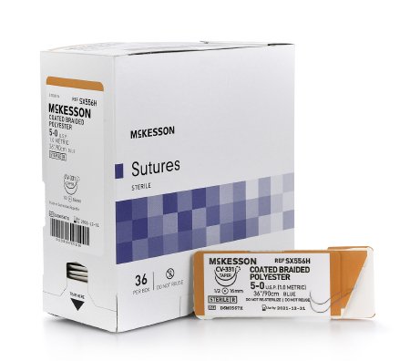 Picture of Suture with Needle McKesson Nonabsorbable Coated Blue Suture Braided Polyester Size 5 - 0 36 Inch Suture 1-Needle 16 mm Length 1/2 Circle Taper Point NeedleSX556H