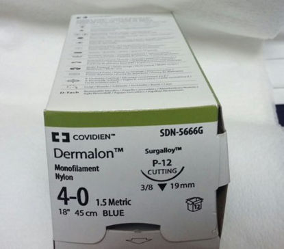 Picture of Suture with Needle Monosof™~Dermalon™ Nonabsorbable Uncoated Blue Suture Monofilament Nylon Size 4 - 0 18 Inch Suture 1-Needle 19 mm Length 3/8 Circle Reverse Cutting NeedleSDN-5666G