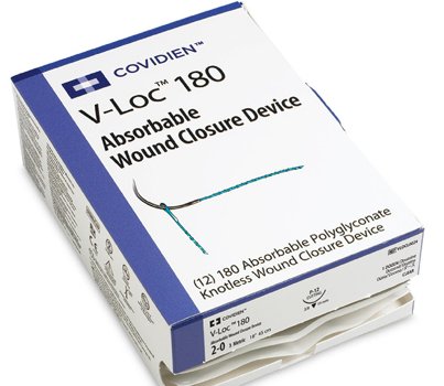 Picture of Suture with Needle V-Loc™ 180 Wound Closure Device Absorbable Uncoated Clear Suture Barbed Monofilament Polyglyconate Size 3 - 0 18 Inch Suture 1-Needle 19 mm Length 3/8 Circle Reverse Cutting NeedleVLOCL0024