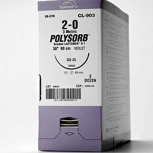 Picture of Suture with Needle Polysorb™ Absorbable Coated Violet Suture Braided Polyester Size 8 - 0 8 Inch Suture Double-Armed 6 mm Length 1/2 Circle Spatula NeedleL-2574K