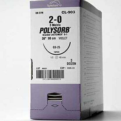 Picture of Suture with Needle Polysorb™ Absorbable Coated Violet Suture Braided Polyester Size 8 - 0 8 Inch Suture Double-Armed 6 mm Length 1/2 Circle Spatula NeedleL-2574K