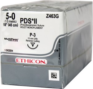 Picture of Suture with Needle PDS™ II Absorbable Uncoated Violet Suture Monofilament Polydioxanone Size 5 - 0 18 Inch Suture 1-Needle 13 mm Length 3/8 Circle Precision Point - Reverse Cutting NeedleZ463G