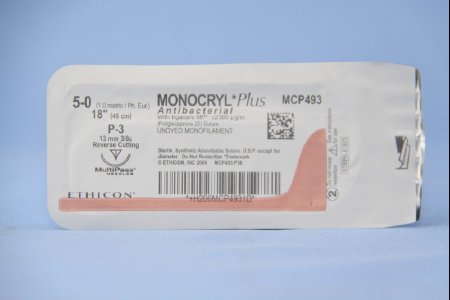 Picture of Antibacterial Suture with Needle Monocryl™ Plus Absorbable Uncoated Undyed Suture Poliglecaprone 25 with Irgacare MP Antibacterial Suture Size 5 - 0 18 Inch Suture 1-Needle 13 mm Length 3/8 Circle Reverse Cutting NeedleMCP493G