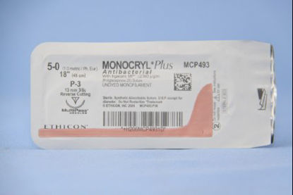 Picture of Antibacterial Suture with Needle Monocryl™ Plus Absorbable Uncoated Undyed Suture Poliglecaprone 25 with Irgacare MP Antibacterial Suture Size 5 - 0 18 Inch Suture 1-Needle 13 mm Length 3/8 Circle Reverse Cutting NeedleMCP493G