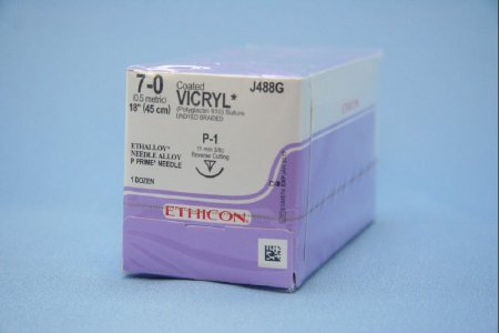Picture of Suture with Needle Coated Vicryl™ Absorbable Coated Undyed Suture Braided Polyglactin 910 Size 7 - 0 18 Inch Suture 1-Needle 11 mm Length 3/8 Circle Reverse Cutting NeedleJ488G
