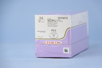 Picture of Antibacterial Suture with Needle Coated Vicryl™ Plus Absorbable Coated Undyed Suture Braided Polyglactin 910 with Irgacare MP Antibacterial Suture Size 3 - 0 18 Inch Suture 1-Needle 19 mm Length 3/8 Circle Precision Point - Reverse Cutting NeedleVCP497G