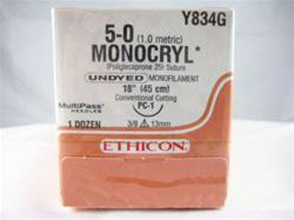Picture of Suture with Needle Monocryl™ Absorbable Uncoated Undyed Suture Monofilament Poliglecaprone Size 5 - 0 18 Inch Suture 1-Needle 13 mm Length 3/8 Circle Precision Cosmetic - Conventional Cutting PRIME NeedleY834G