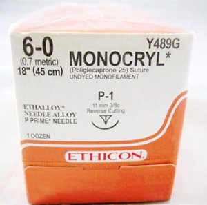 Picture of Suture with Needle Monocryl™ Absorbable Uncoated Undyed Suture Monofilament Poliglecaprone Size 6 - 0 18 Inch Suture 1-Needle 11 mm Length 3/8 Circle Precision Point - Reverse Cutting NeedleY489G