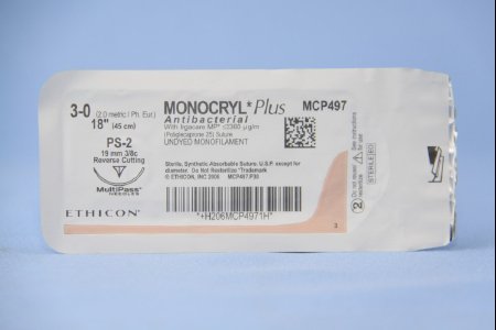 Picture of Antibacterial Suture with Needle Monocryl™ Plus Absorbable Uncoated Undyed Suture Poliglecaprone 25 with Irgacare MP Antibacterial Suture Size 3 - 0 18 Inch Suture 1-Needle 19 mm Length 3/8 Circle Precision Point - Reverse Cutting NeedleMCP497G