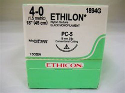 Picture of Suture with Needle Ethilon™ Nonabsorbable Uncoated Black Suture Monofilament Nylon Size 4 - 0 18 Inch Suture 1-Needle 19 mm Length 3/8 Circle Precision Cosmetic - Conventional Cutting PRIME Needle1894G