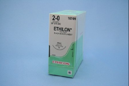 Picture of Suture with Needle Ethilon™ Nonabsorbable Uncoated Black Suture Monofilament Nylon Size 2 - 0 30 Inch Suture 1-Needle 36 mm Length 3/8 Circle Reverse Cutting Needle1674H