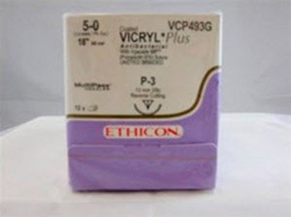 Picture of Antibacterial Suture with Needle Coated Vicryl™ Plus Absorbable Coated Undyed Suture Braided Polyglactin 910 with Irgacare MP Antibacterial Suture Size 5 - 0 18 Inch Suture 1-Needle 13 mm Length 3/8 Circle Precision Point - Reverse Cutting NeedleVCP493G