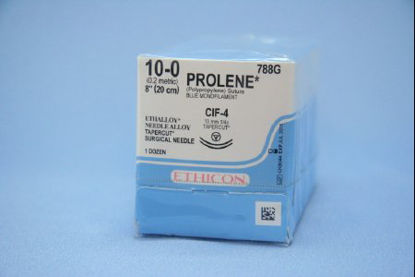 Picture of Suture with Needle Prolene™ Nonabsorbable Uncoated Blue Suture Monofilament Polypropylene Suture Size 10 - 0 8 Inch Suture Double-Armed 13 mm Length 1/4 Circle Taper Cut Needle788G