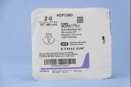 Picture of Antibacterial Suture with Needle Coated Vicryl™ Plus Absorbable Coated Violet Suture Braided Polyglactin 910 with Irgacare MP Antibacterial Suture Size 2 - 0 18 Inch Suture 1-Needle 26 mm Length 1/2 Circle Taper Point NeedleVCP726D