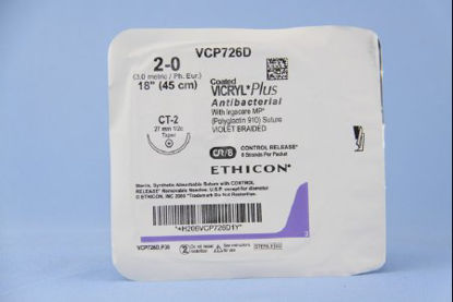 Picture of Antibacterial Suture with Needle Coated Vicryl™ Plus Absorbable Coated Violet Suture Braided Polyglactin 910 with Irgacare MP Antibacterial Suture Size 2 - 0 18 Inch Suture 1-Needle 26 mm Length 1/2 Circle Taper Point NeedleVCP726D